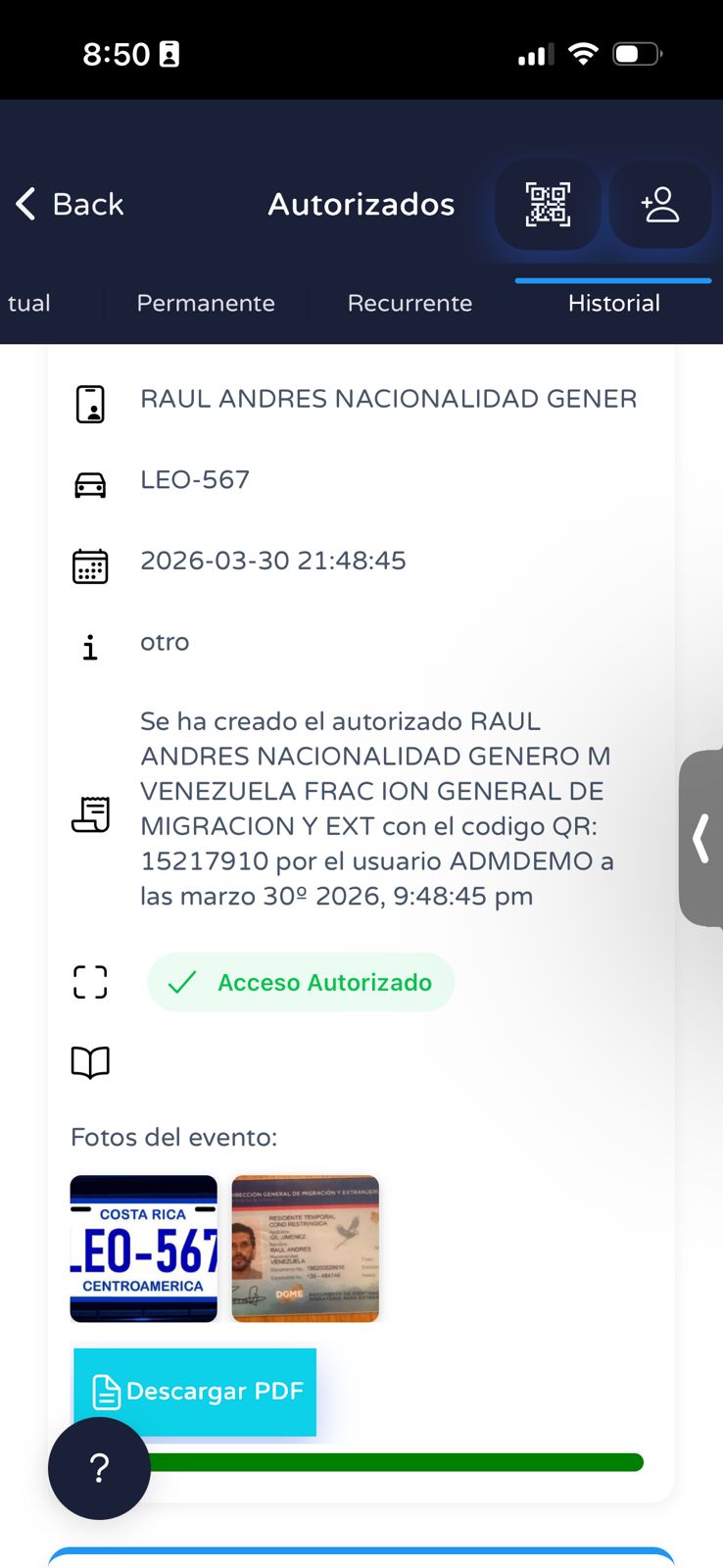 Pantalla de historial de autorizados en You-Pass